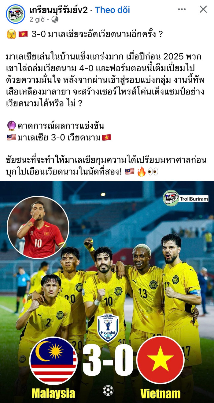 Truyền thông Thái Lan gây chú ý khi dự đoán Malaysia đánh bại tuyển Việt Nam với tỷ số 3-0 ở bán kết lượt đi AFF Cup 2026. Ảnh chụp màn hình