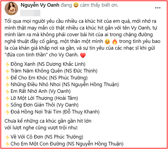 Vy Oanh dành thời gian nhìn lại chặng đường hoạt động nghệ thuật và nhắc đến loạt bản hit đã góp phần tạo nên dấu ấn riêng của cô. (Ảnh: FBNV)