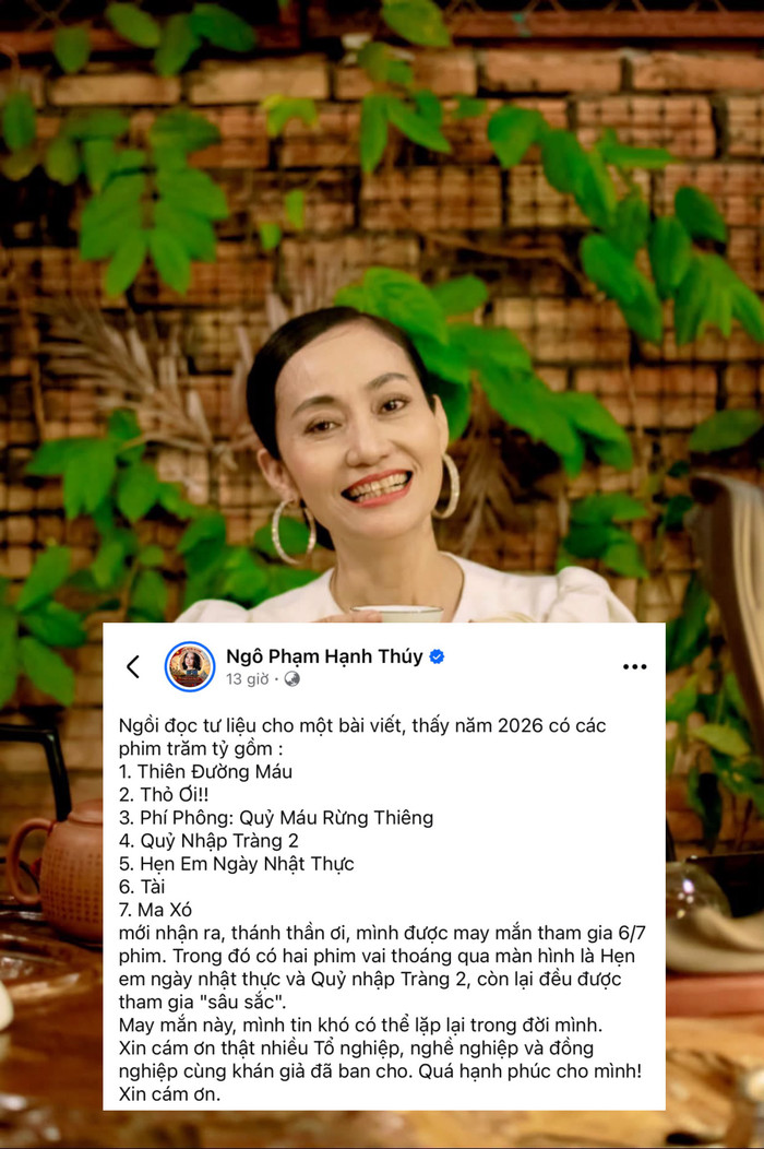 NSƯT Hạnh Thúy có một năm 2026 sôi nổi khi liên tiếp góp mặt trong nhiều phim điện ảnh ăn khách. Ảnh: Chụp màn hình FBNV