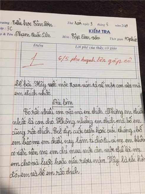 Bài văn bị chấm 1 điểm.