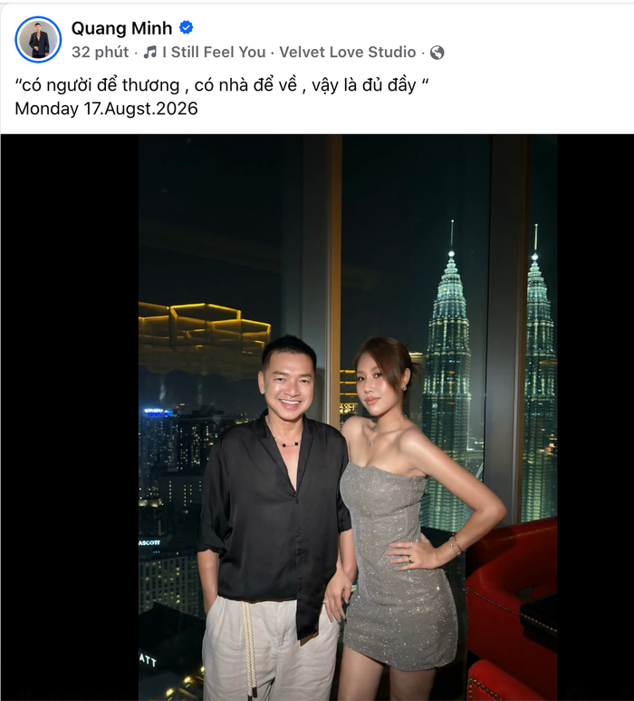 Quang Minh đăng tải hình ảnh hạnh phúc bên bà xã Tăng Khánh Chi. Ảnh: Chụp màn hình FBNV
