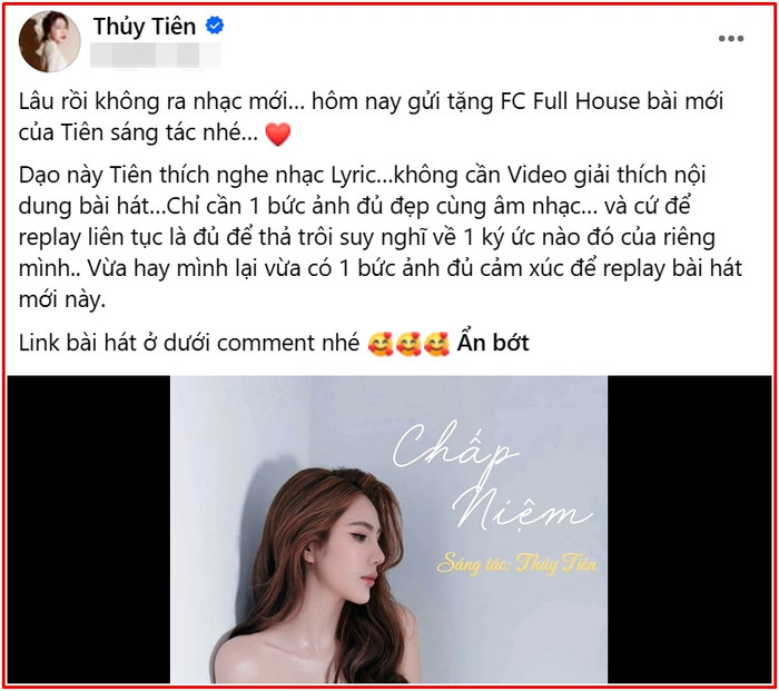 Chia sẻ của Thủy Tiên khi phát hành ca khúc mới (Ảnh: Chụp màn hình FBNV)&nbsp;
