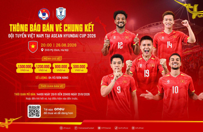 Liên đoàn Bóng đá Việt Nam (VFF) chính thức công bố 4 mức giá vé xem trận chung kết AFF Cup 2026 giữa tuyển Việt Nam và Thái Lan trên sân Mỹ Đình. Ảnh: VFF