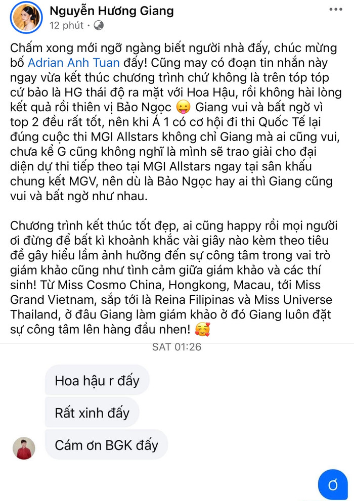Bài chia sẻ của Hương Giang trên trang cá nhân thu hút sự chú ý của khán giả. Ảnh: FBNV