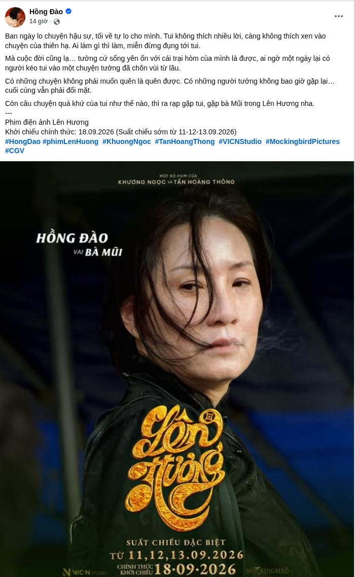 Bìa đăng của Hồng Đào về nhân vật bà Mũi trong phim lên Hương. Ảnh: FBNV