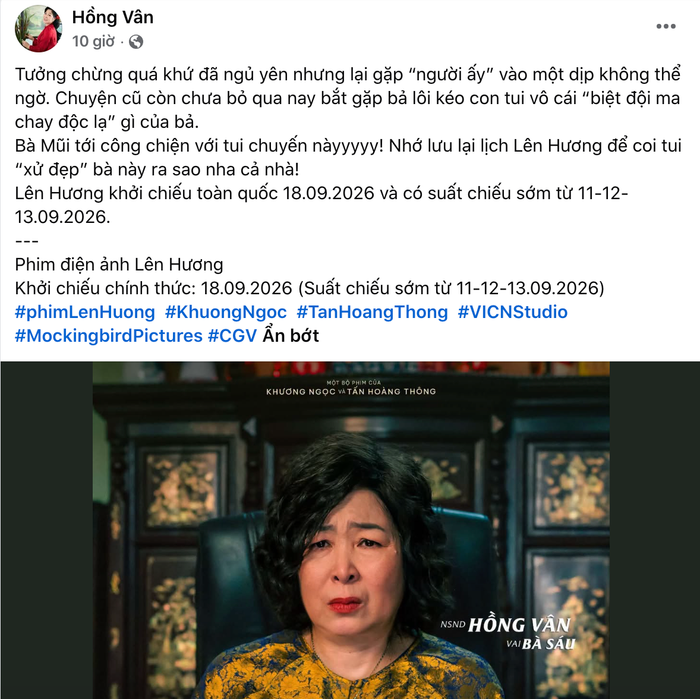 NSND Hồng Vân hài hước chia sẻ. Ảnh: Chụp màn hình FBNV
