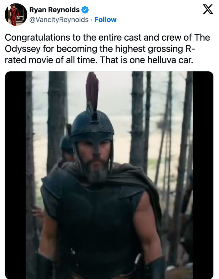 Ryan Reynolds gửi lời chúc mừng ê-kíp The Odyssey sau khi bom tấn vượt Deadpool & Wolverine về doanh thu. Ảnh: Chụp màn hình