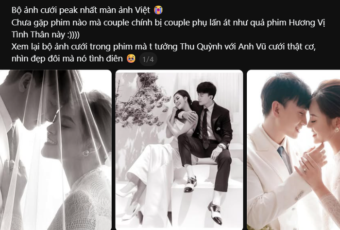 Những khoảnh khắc tình tứ giữa Thu Quỳnh và Hoàng Anh Vũ khiến nhiều khán giả nhận xét bộ ảnh có cảm giác như ảnh cưới thật. Ảnh: Threads.