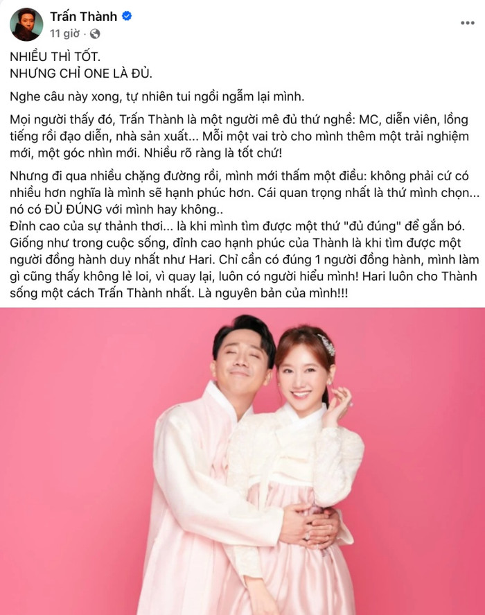 Trấn Thành chia sẻ. Ảnh: Chụp màn hình FBNV