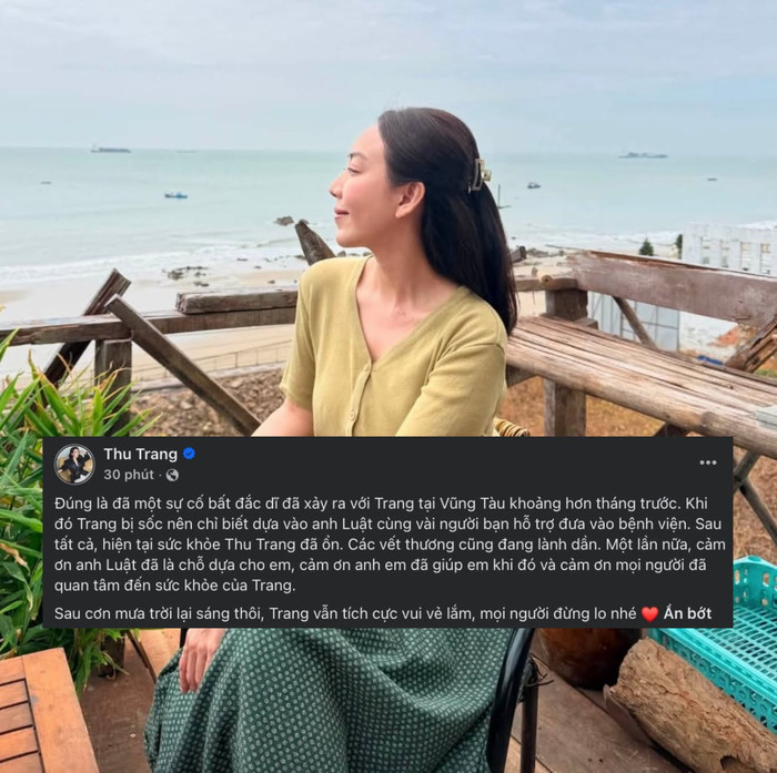 Thu Trang cho biết sức khỏe hiện tại đã ổn định, các vết thương đang dần lành. Ảnh: FBNV