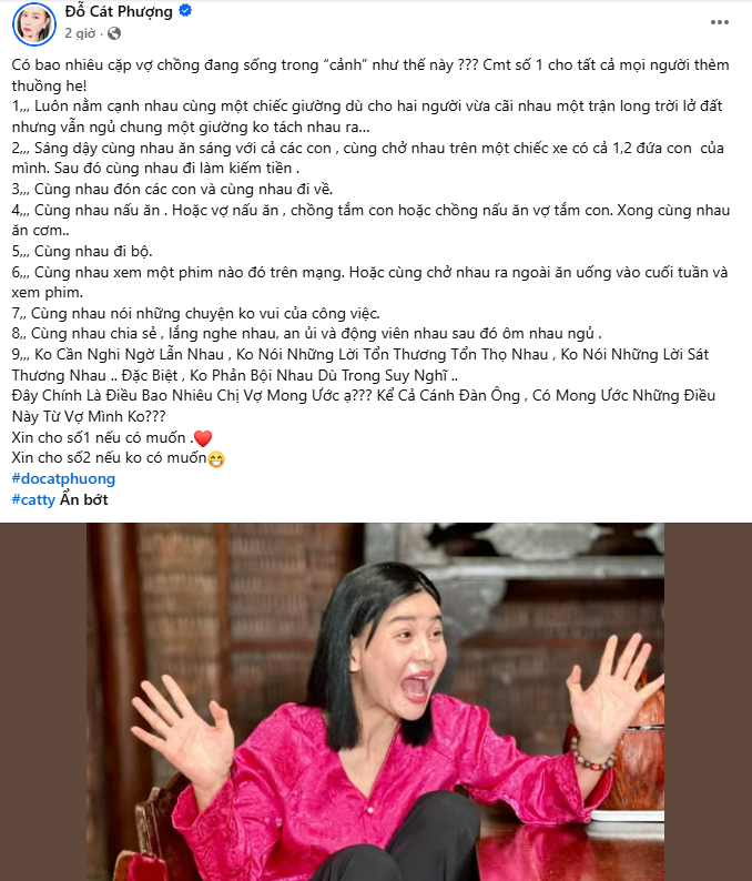 Bài đăng gây chú ý của Cát Phượng trên trang cá nhân. Ảnh: FBNV