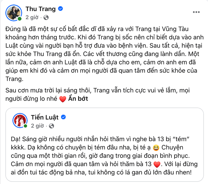 Diễn viên Thu Trang - Tiến Luật chia sẻ. Ảnh: Chụp màn hình FBNV