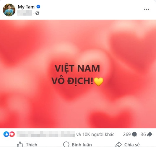 Mỹ Tâm bày tỏ niềm vui khi tuyển Việt Nam giành chiến thắng ở chung kết lượt đi ASEAN Cup 2026.
