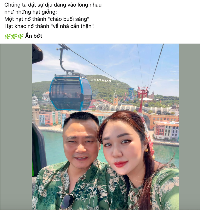 Bà xã Minh Nguyệt chia sẻ hình ảnh hạnh phúc bên NSND Tự Long. Ảnh: Chụp màn hình FBNV