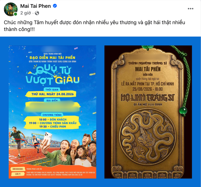 Mai Tài Phến đăng tải thư mời tham dự lễ ra mắt hai dự án điện ảnh nhưng chữ 'Tâm' lại viết hoa. Ảnh: Chụp màn hình FBNV