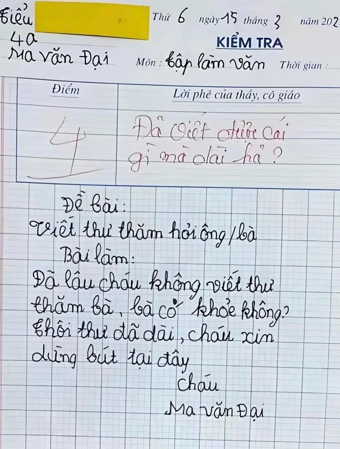 Bài văn viết thư hỏi thăm bà khiến dân tình cười ngất vì quá hài hước.