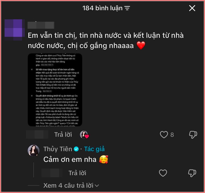 Thủy Tiên phản hồi khi một cư dân mạng nhắc lại kết quả điều tra từ thiện.