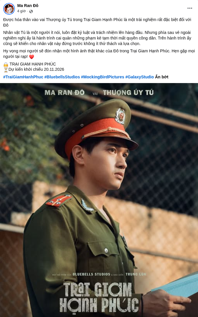 Ma Ran Đô gây chú ý với tạo hình Thượng úy Tú trong Trại Giam Hạnh Phúc. Ảnh: FBNV