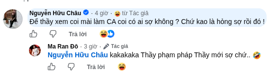 NSƯT Hữu Châu hài hước “thách thức” học trò khi Ma Ran Đô hóa thân thành chiến sĩ công an. Ảnh: FBNV