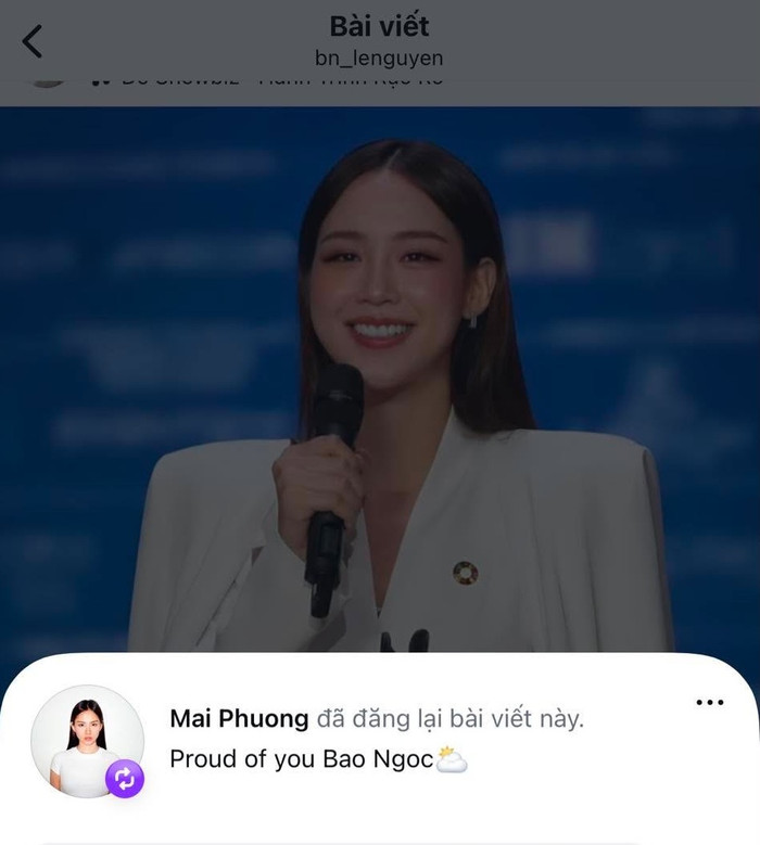 M ai Phương bày tỏ yêu thích khi Bảo Ngọc hoàn thành phần thi tại Miss World.