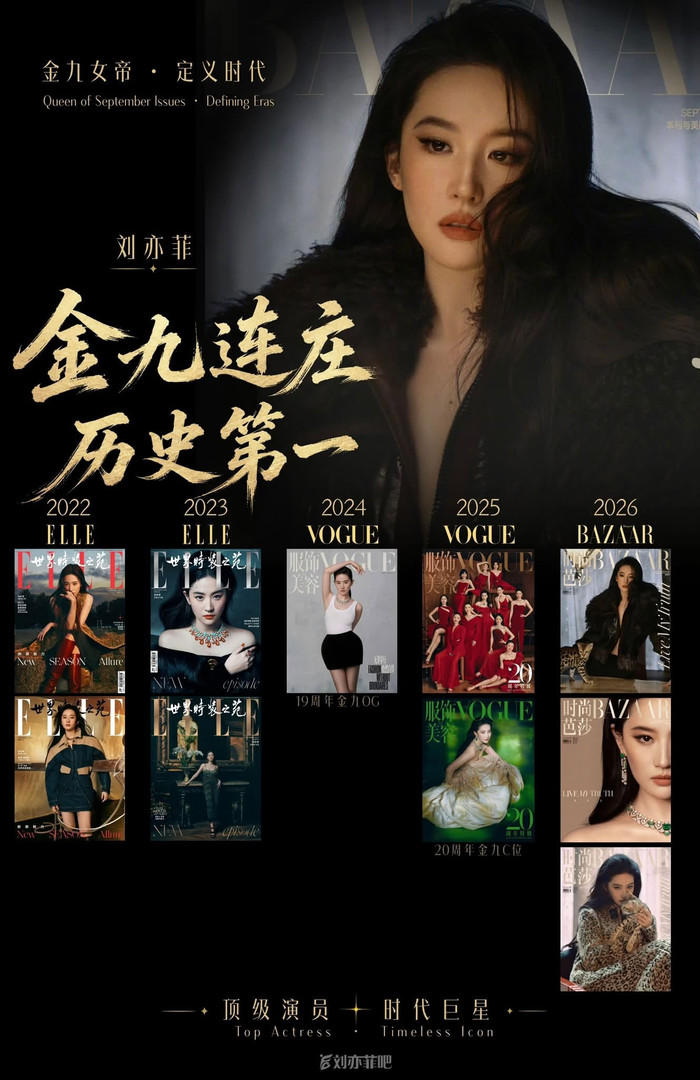 Lưu Diệc Phi lần lượt xuất hiện trên bìa Kim Cửu của ELLE năm 2022, 2023, Vogue năm 2024, 2025 và Harper's Bazaar năm 2026. Ảnh: Weibo.