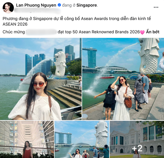Diễn viên Lan Phương có mặt tại Singapore để tham dự lễ công bố Asean Awards trong khuôn khổ Diễn đàn Kinh tế ASEAN 2026. Ảnh: Chụp màn hình FBNV