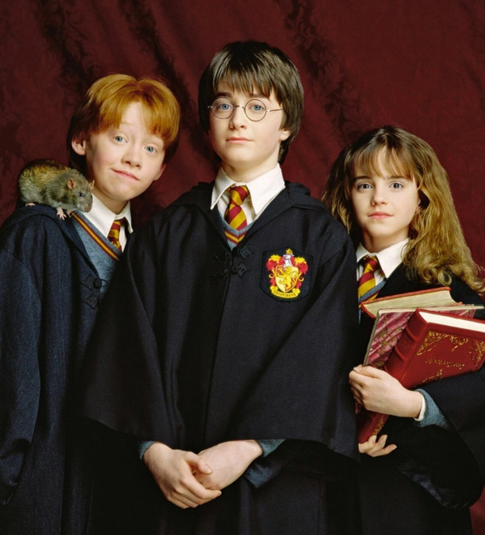 Từ trái qua: Rupert Grint (vai Ron), Daniel Radcliffe (vai Harry) và Emma Watson (vai Hermione).