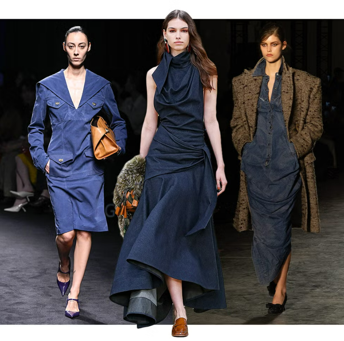Váy denim đang trở thành một trong những lựa chọn đáng chú ý của mùa thu.&nbsp;Ảnh: Harper's Bazaar