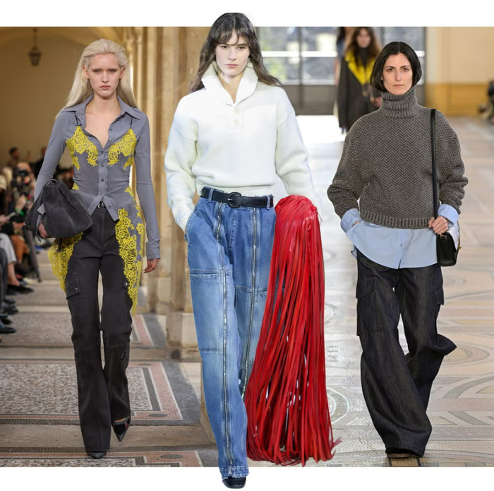 Quần jeans mang cảm hứng utility tiếp tục xuất hiện nhưng được làm mới theo hướng tinh gọn hơn. Ảnh: Harper's Bazaar