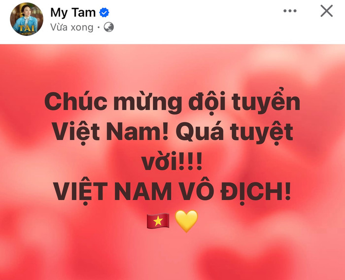 Mỹ Tâm gửi lời chúc tuyển Việt Nam.&nbsp;