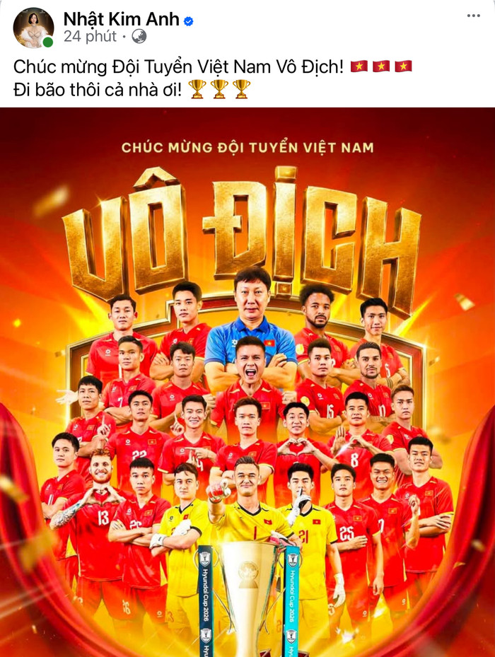 Nhật Kim Anh hòa chung không khí ăn mừng chức vô địch ASEAN Cup 2026 của đội tuyển Việt Nam. Ảnh: FBNV