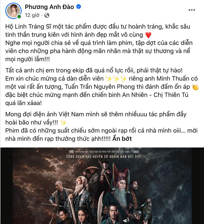 Phương Anh Đào dành lời khen cho Tuấn Trần và bộ phim. Ảnh: Chụp màn hình FBNV