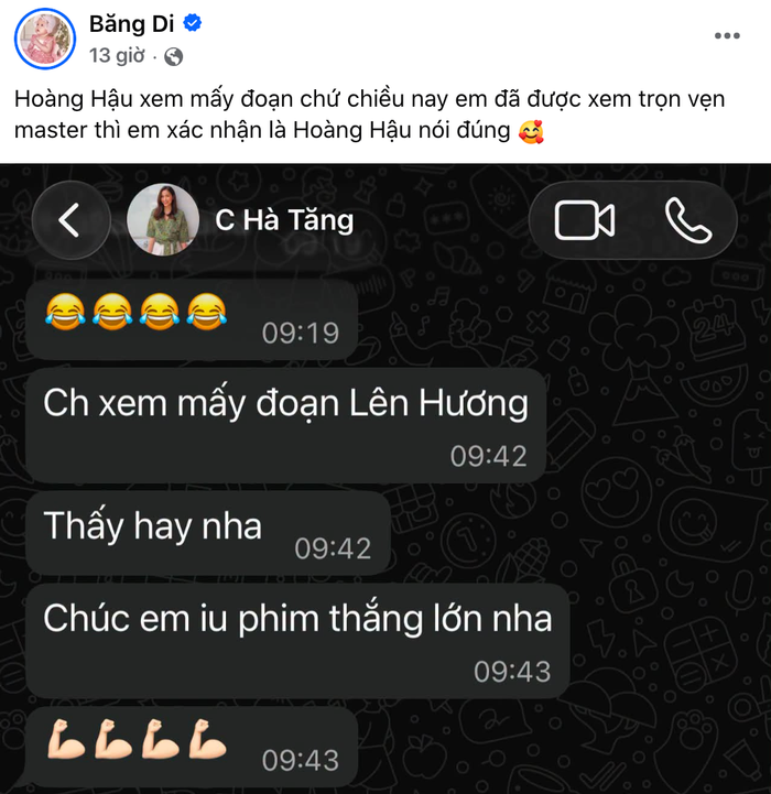 Băng Di chia sẻ đoạn tin nhắn với Tăng Thanh Hà. Ảnh: Chụp màn hình FBNV