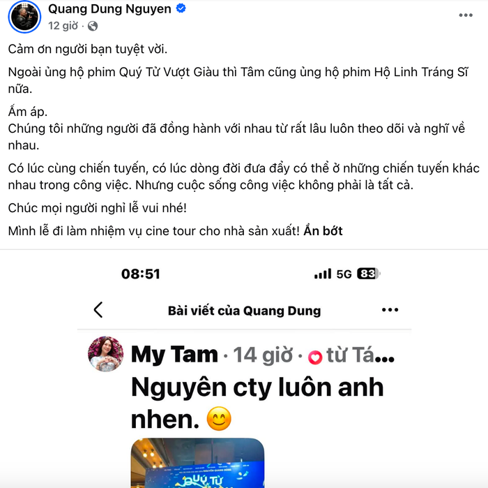 Bài đăng của đạo diễn Nguyễn Quang Dũng dành cho Mỹ Tâm.