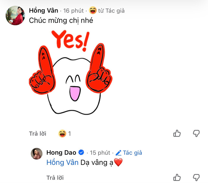 Hồng Vân gửi lời chúc mừng khi Hồng Đào chia sẽ sắp hoàn thành dự án điện ảnh mới. Ảnh: FBNV