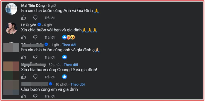 Lệ Quyên, Mai Tiến Dũng,... chia buồn với Quang Lê.