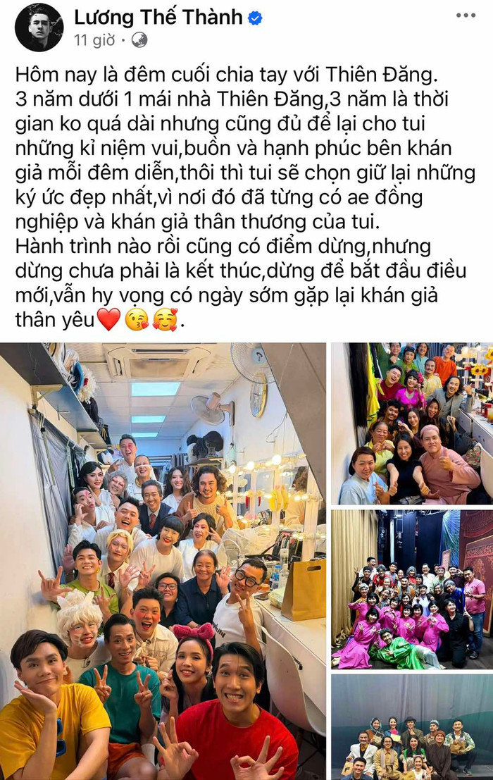 Dòng chia sẻ của Lương Thế Thành trước ngày sân khấu kịch Thiên Đăng khép lại hành trình. Ảnh: Chụp màn hình.