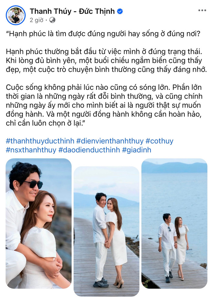 Chia sẻ mới nhất của Thanh Thuý - Đức Thịnh trên trang cá nhân. Ảnh: FBNV