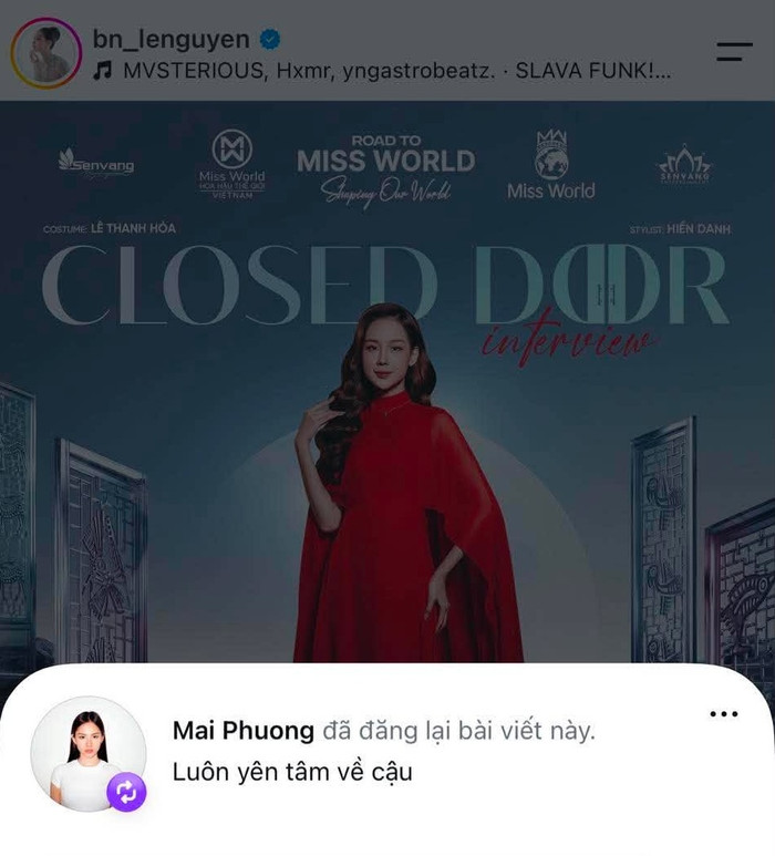 Mai Phương chia sẻ lại bài đăng của Bảo Ngọc, kèm dòng tuyên bố bày tỏ sự ủng hộ đại diện Việt Nam ở Miss World.