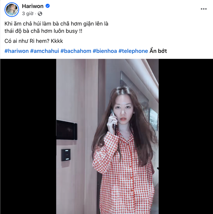 Hari Won hài hước chia sẻ. Ảnh: Chụp màn hình FBNV