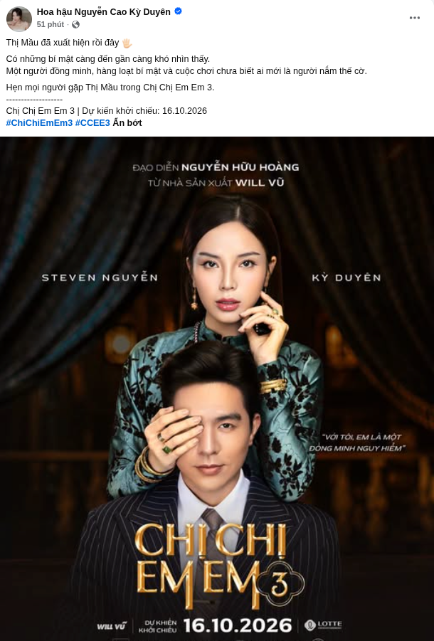Kỳ Duyên đăng tải poster phim điện ảnh mới Chị Chị Em Em 3 trên trang cá nhân. Ảnh: FBNV