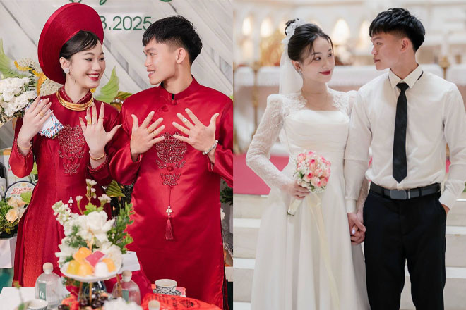 Cầu thủ Hồ Văn Cường và bà xã của anh - cô giáo Nguyễn Linh.