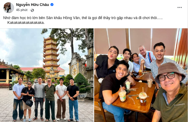 NSƯT Hữu Châu đăng tải hình ảnh gặp gỡ với học trò cũ bên sân khấu Hồng Vân. Ảnh: FBNV