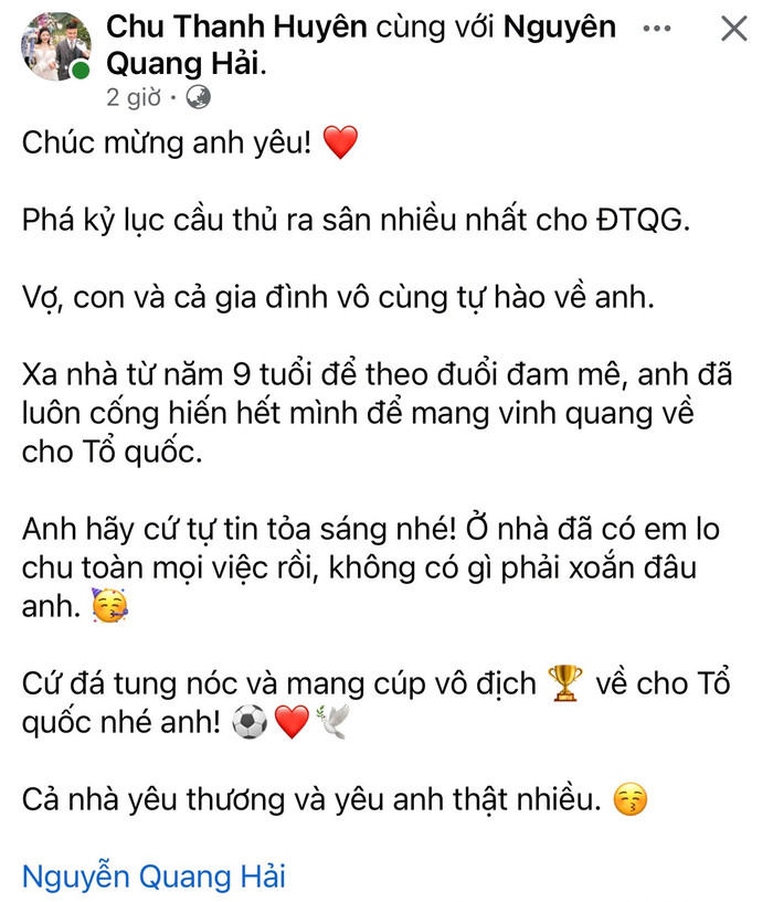 Chu Thanh Huyền đăng tải thông điệp đầy xúc động để chúc mừng Quang Hải sau khi tiền vệ này trở thành cầu thủ ra sân nhiều nhất lịch sử tuyển Việt Nam. Ảnh chụp màn hình