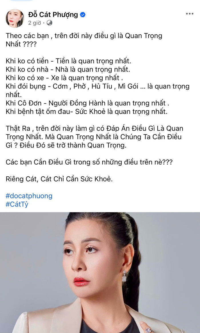 Cát Phượng chia sẻ đầy suy ngẫm. Ảnh: Chụp màn hình FBNV