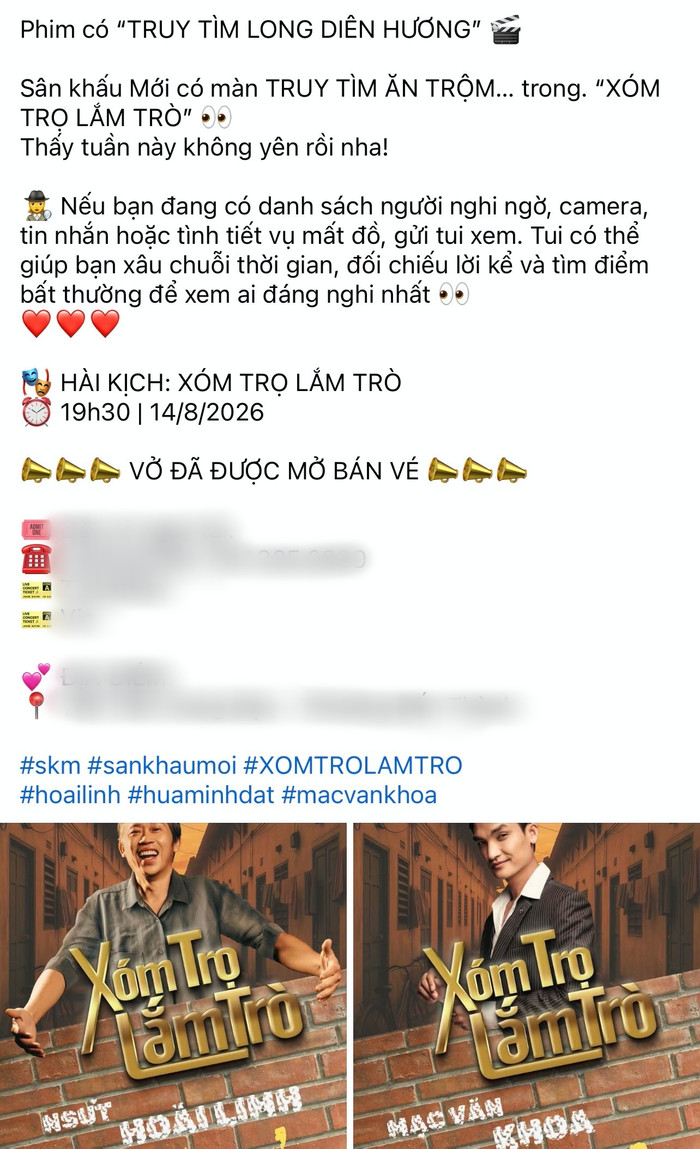Ê-kíp đăng tải loạt hình ảnh quảng bá cho vở hài kịch Xóm Trọ Làm Trò. Ảnh: Chụp màn hình FBNV