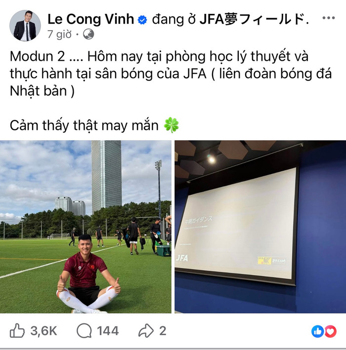 Lê Công Vinh vừa chia sẻ hình ảnh tại trụ sở Liên đoàn Bóng đá Nhật Bản (JFA), đánh dấu lần trở lại xứ sở mặt trời mọc để tiếp tục theo học khóa đào tạo HLV bằng A. Ảnh chụp màn hình