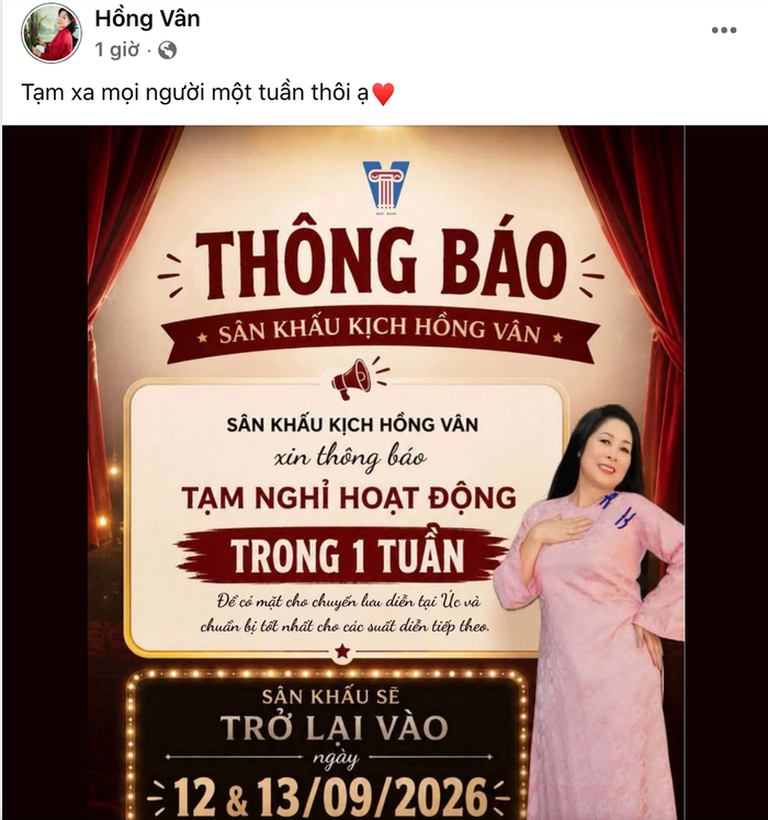 NSND Hồng Vân thông báo tạm xa mọi người một tuần.
