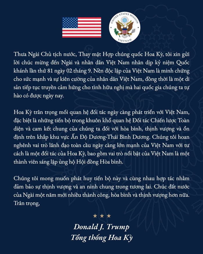 Tổng thống Donald Trump gửi lời chúc mừng Việt Nam nhân dịp Quốc khánh 2/9 Ảnh 1