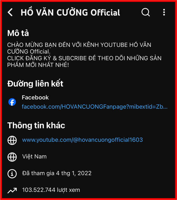 Kênh YouTube của Hồ Văn Cường chính thức vượt mốc 100 triệu lượt xem.